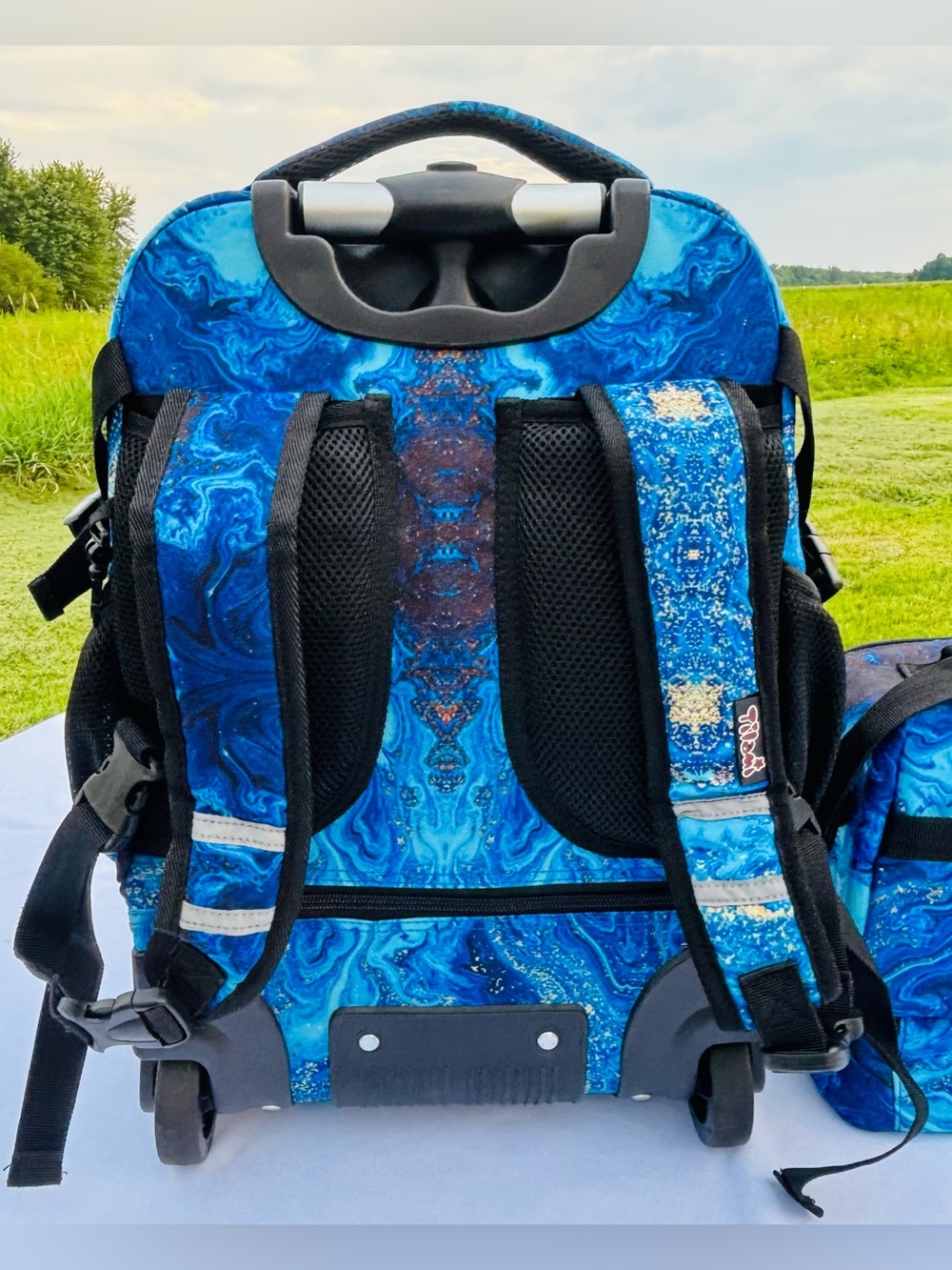 Rolling Backpack Lunch Bag Set Blue Wave Wheeled Laptop School Travel 19" Unisex - Picture 3 of 14
